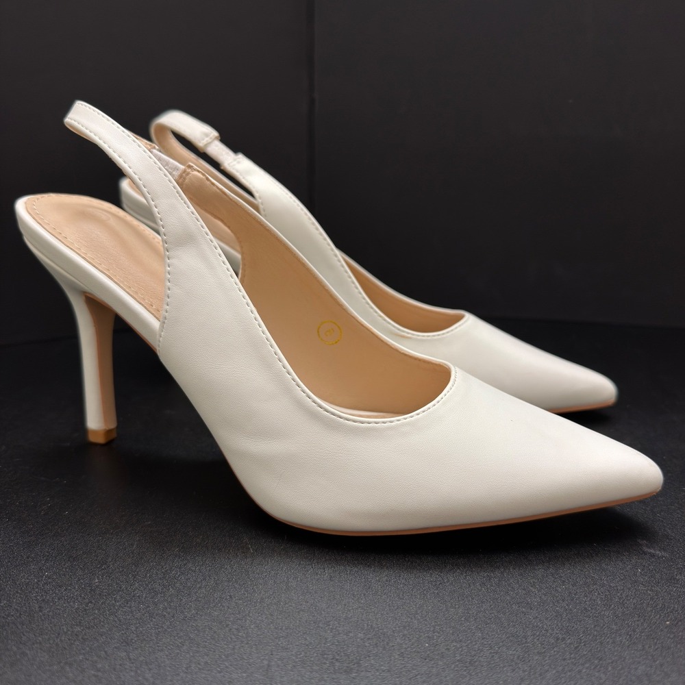 GenShuo Womens Cream Pointed Toe‎ Slingback Stiletto Heels Pumps Size 8